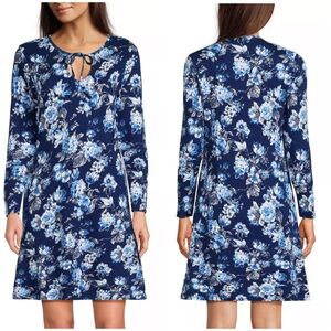 Lands’ End Cotton Interlock Long Sleeve Above Knee Nightgown Blue Floral, Small
